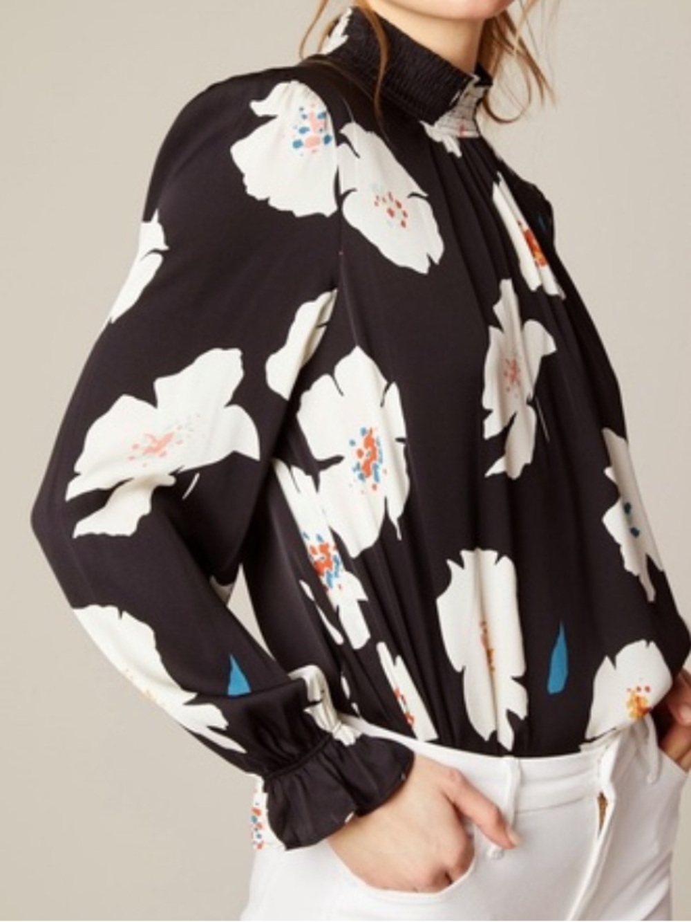 Tucker Black Floral High-Neck Blouse with Cream Blooms